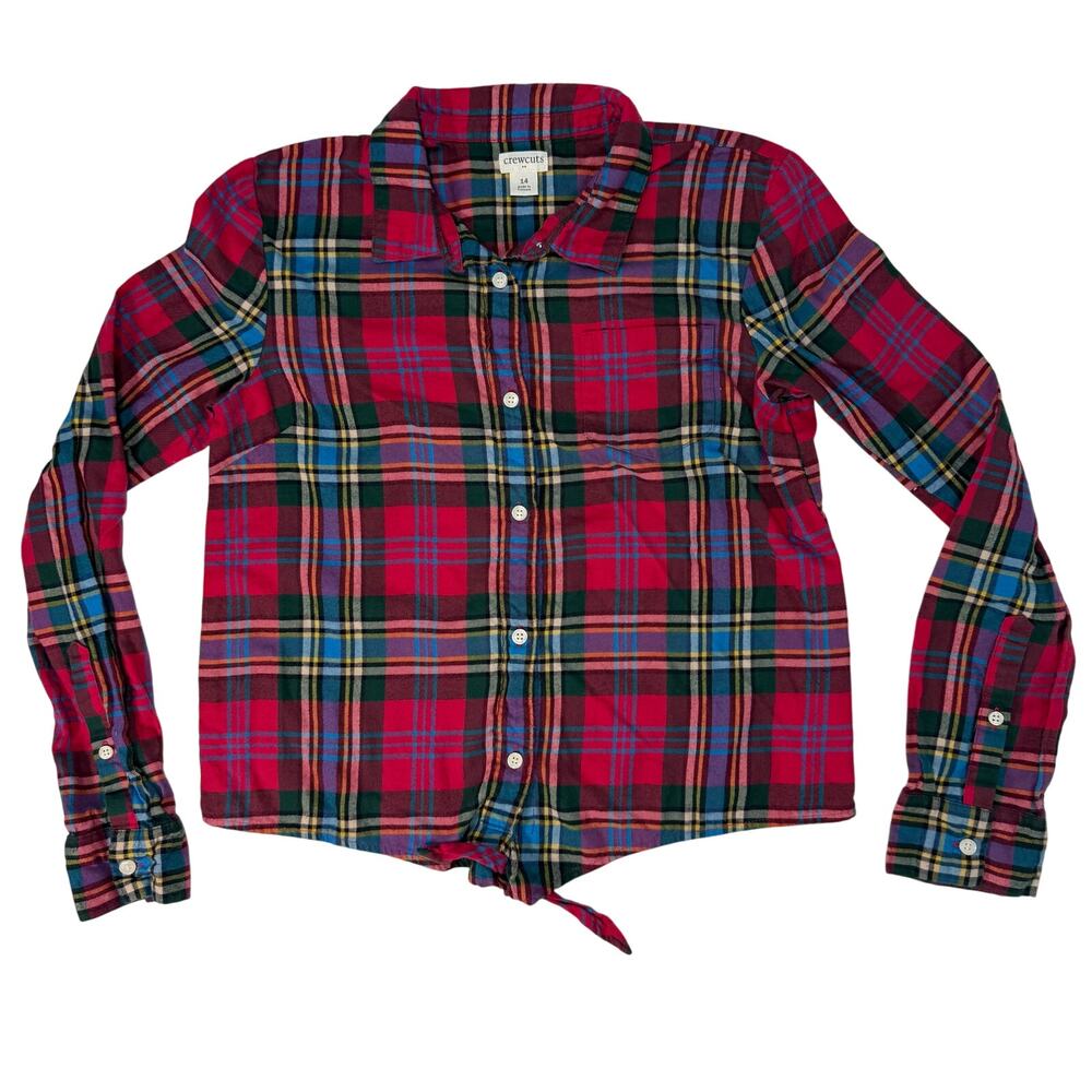 Crewcuts Girls 14 Plaid Flannel Shirt Blouse Tie Front Button Down
